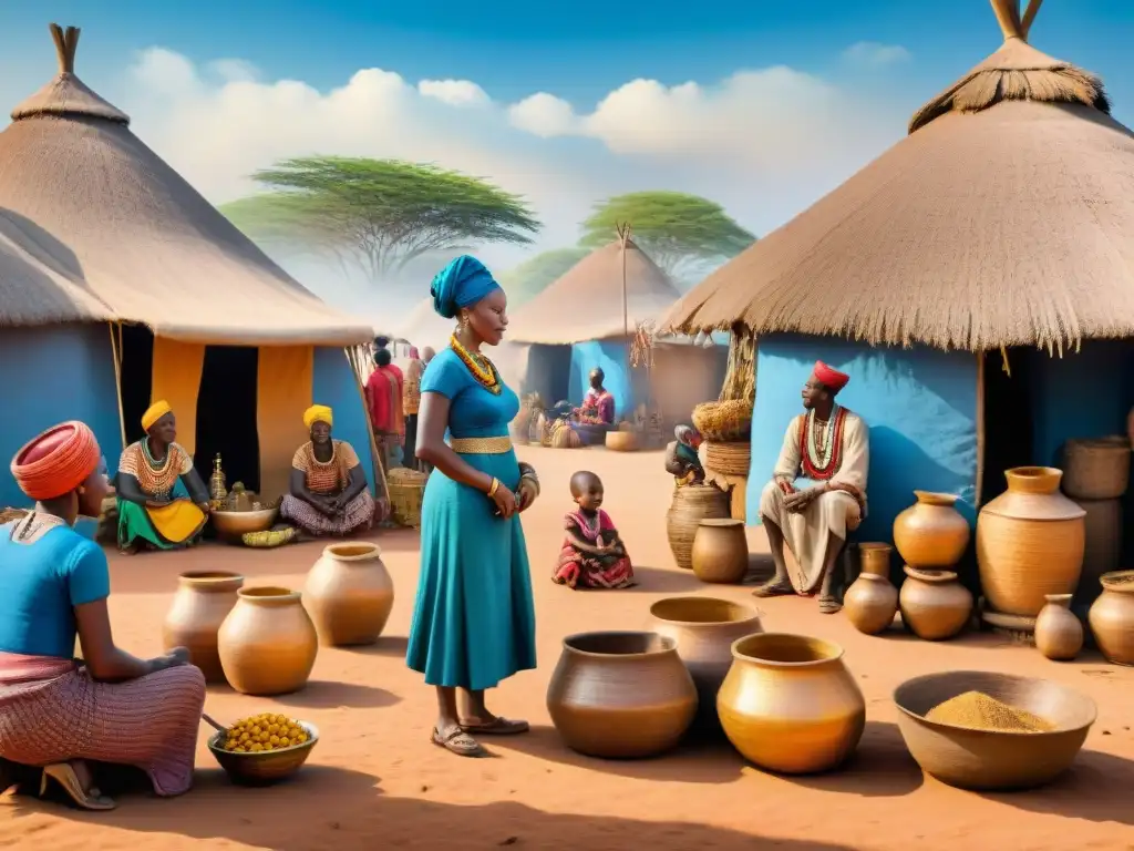 Escena vibrante de un mercado en una aldea africana precolonial, reflejando éxito económico y riqueza cultural