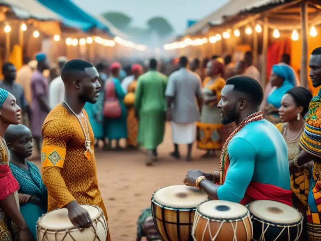 Escena vibrante de mercado en una aldea de África Occidental durante un festival tradicional, con puestos coloridos y música