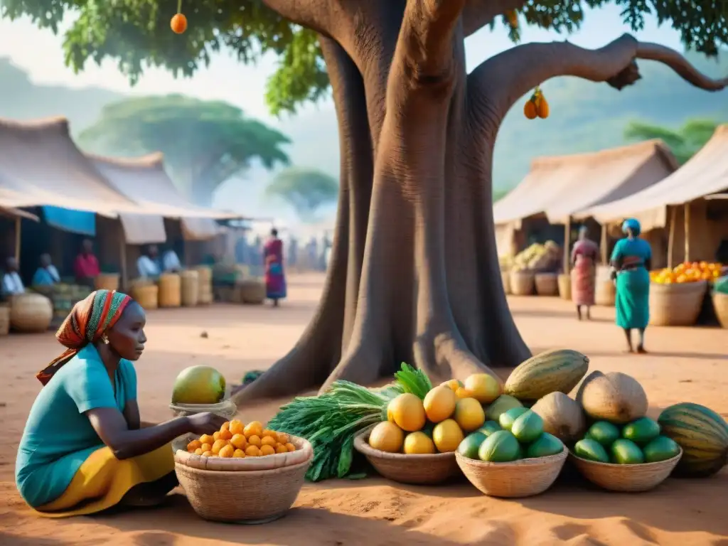 Escena vibrante de mercado en una aldea africana, con mujeres locales en trajes tradicionales y niños jugando bajo baobabs