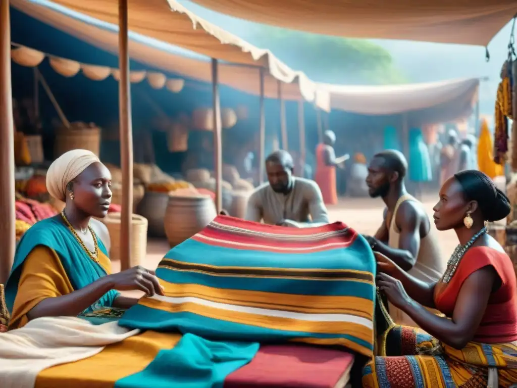 Escena vibrante de un mercado en África antigua, artesanos creando textiles en métodos tradicionales bajo coloridos toldos