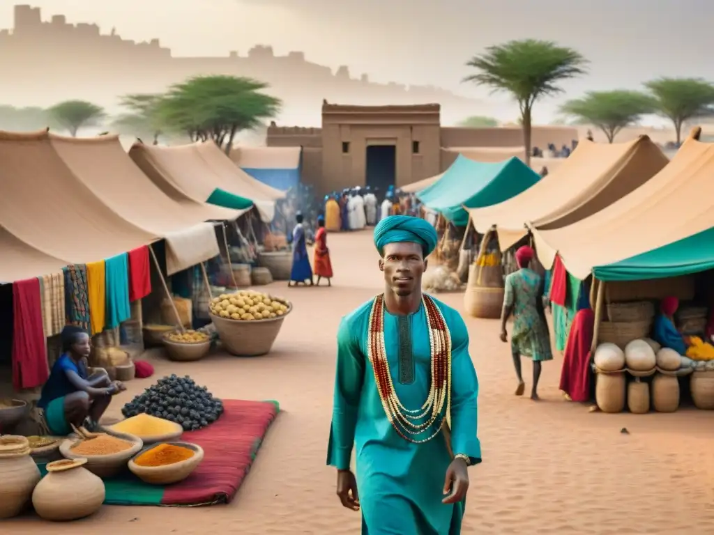 Escena vibrante de un mercado en la antigua ciudad de Timbuktu, mostrando la influencia global de las civilizaciones africanas