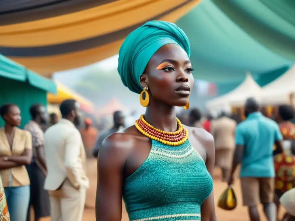 Escena vibrante en un mercado de arte africano, muestra obras tradicionales y contemporáneas bajo coloridas carpas