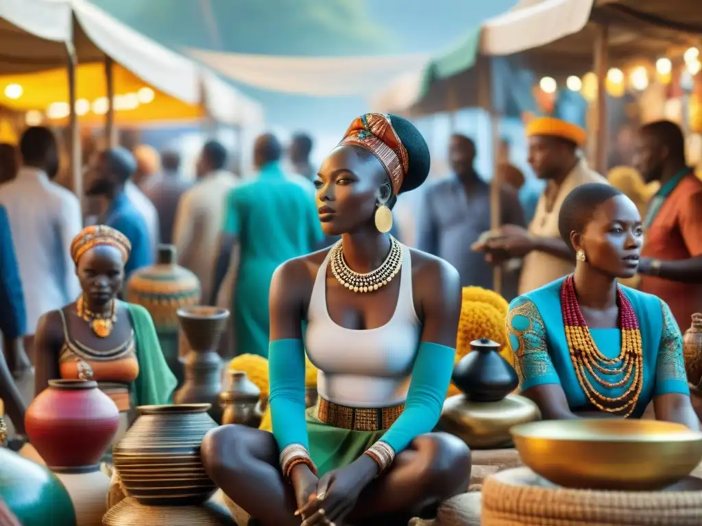 Escena vibrante del mercado de arte africano con interacciones entre artistas y compradores