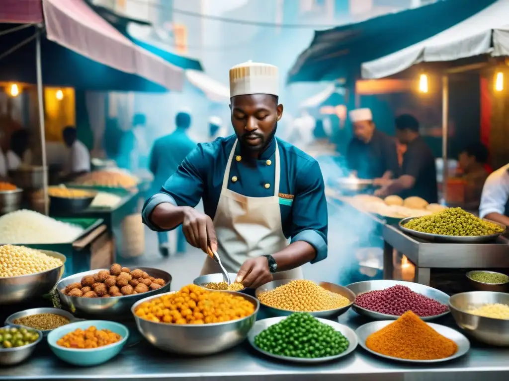 Escena vibrante de un mercado callejero en Asia con influencia culinaria africana