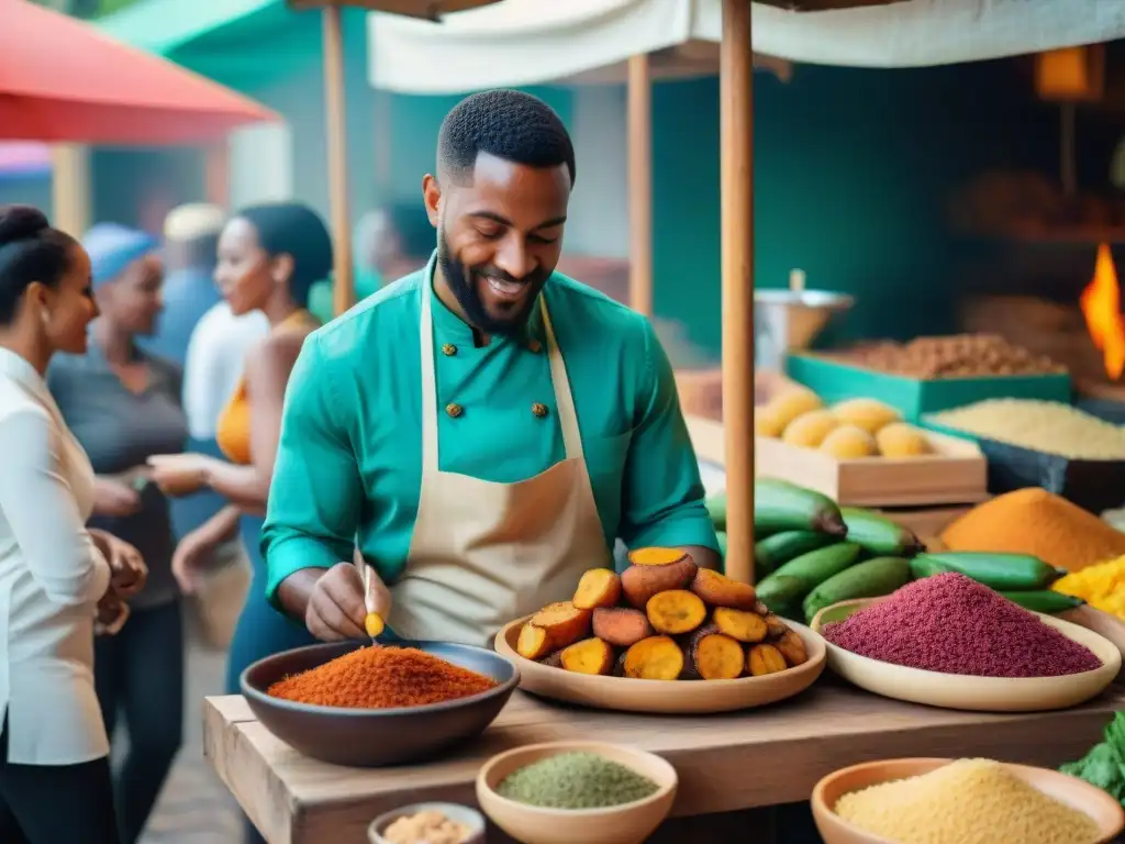 Una escena vibrante de mercado callejero AfroLatino con fusiones culinarias platos latinoamericanos