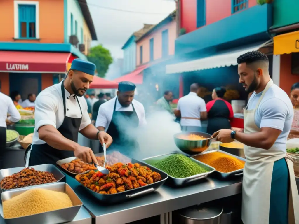 Escena vibrante de un mercado callejero en una ciudad latinoamericana, fusiones culinarias platos latinoamericanos