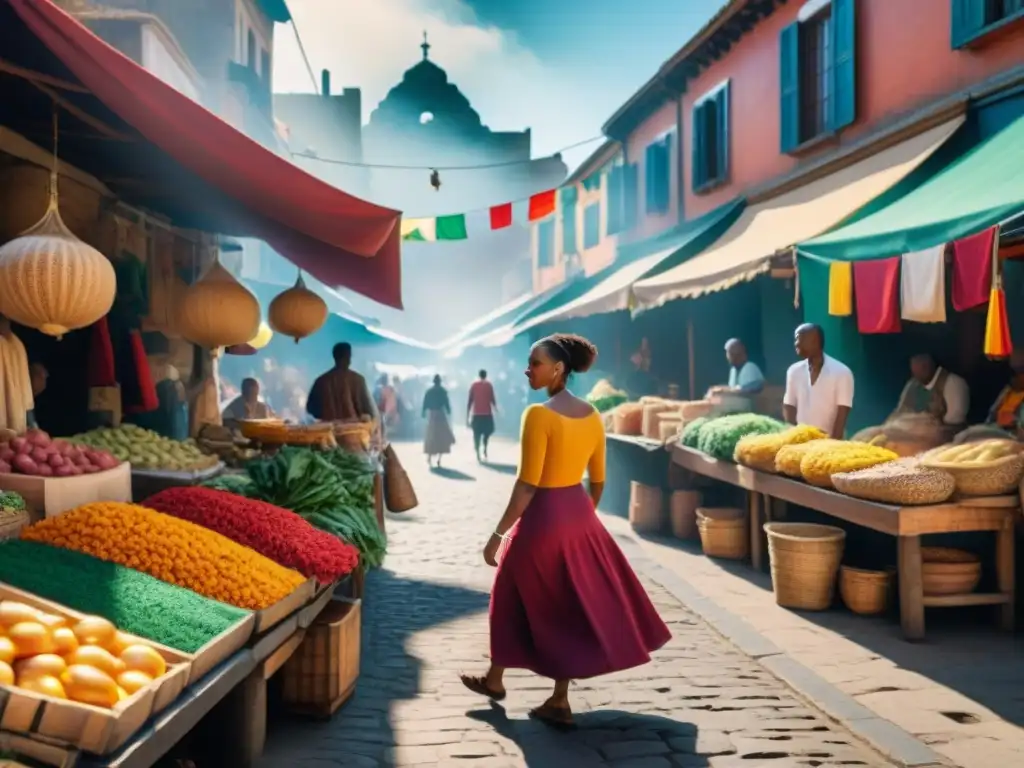 Escena vibrante de un mercado callejero en una ciudad histórica de América del Sur, con influencia de la diáspora africana