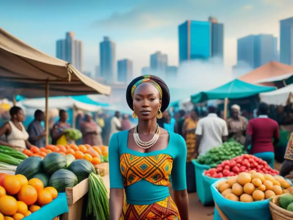 Escena vibrante de un mercado callejero en una ciudad africana, fusiones culturales en civilizaciones africanas