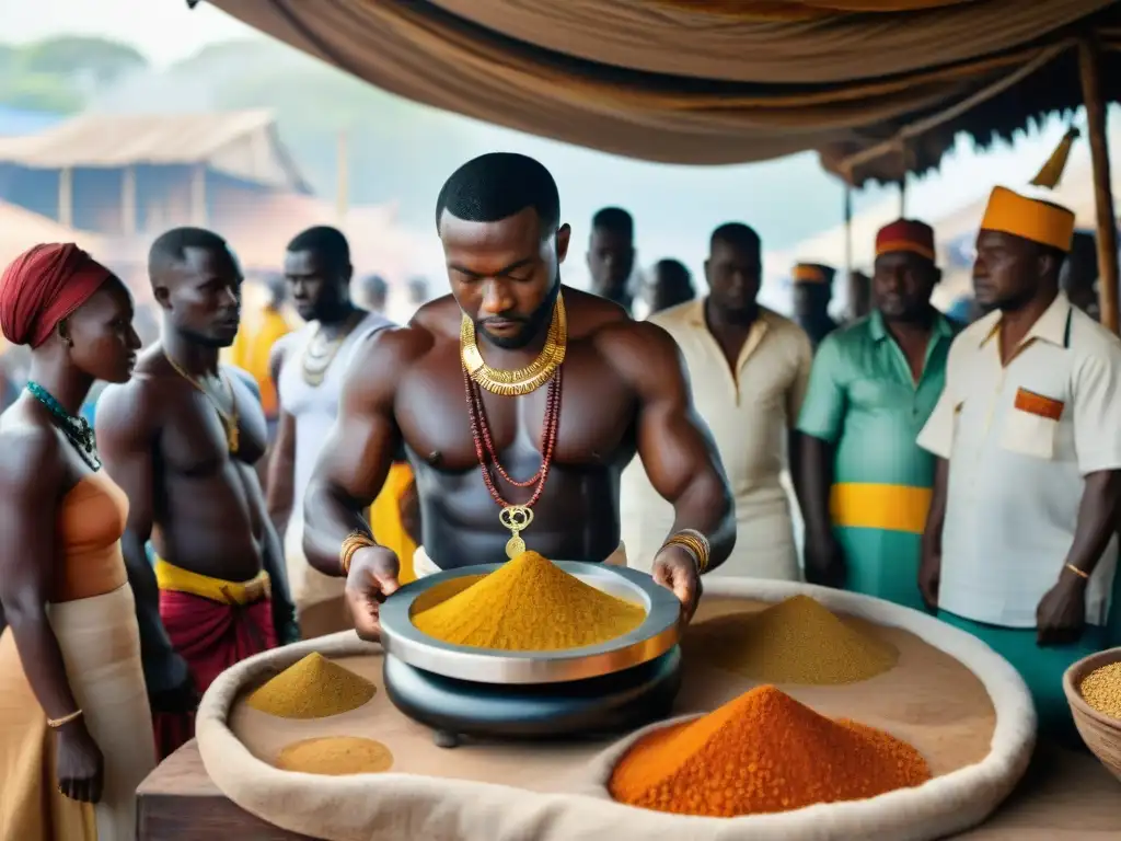 Escena vibrante en el mercado central de Kumasi con una balanza de oro Ashanti y vendedores en tela kente