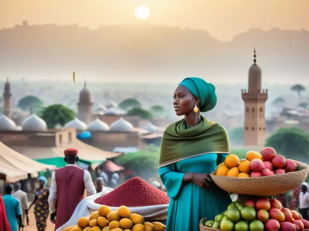 Escena vibrante de mercado en África Central: mujeres en trajes coloridos, hombres negociando, minaretes al fondo