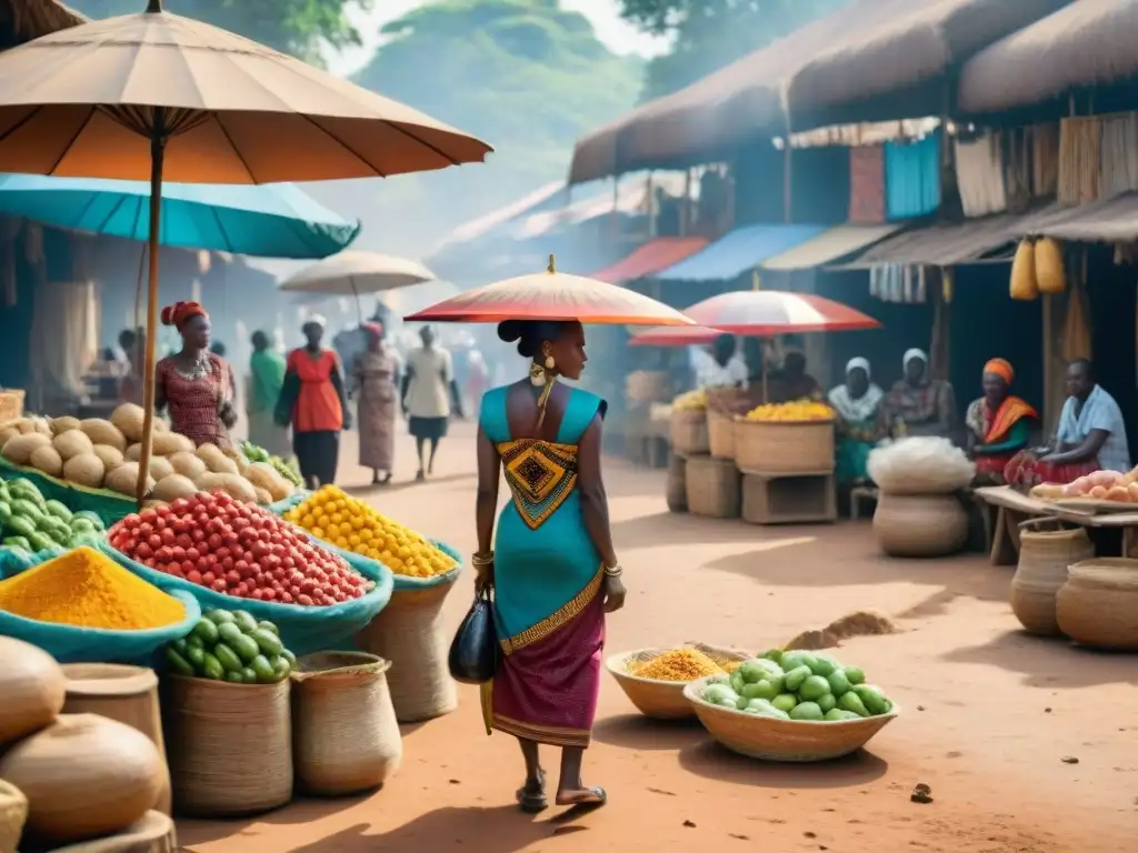 Una escena vibrante de mercado en una ciudad de África Central, donde culturas se entrelazan en la venta y el intercambio