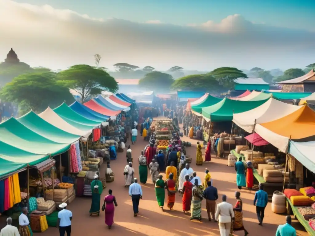 Escena vibrante de mercado en ciudad del sur de África con influencia asiática en civilizaciones africanas