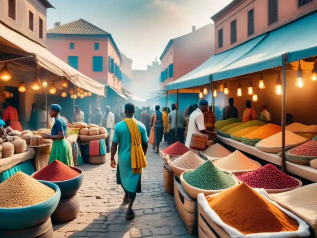 Escena vibrante de mercado en ciudad histórica africana, con intercambios comerciales entre África y Europa