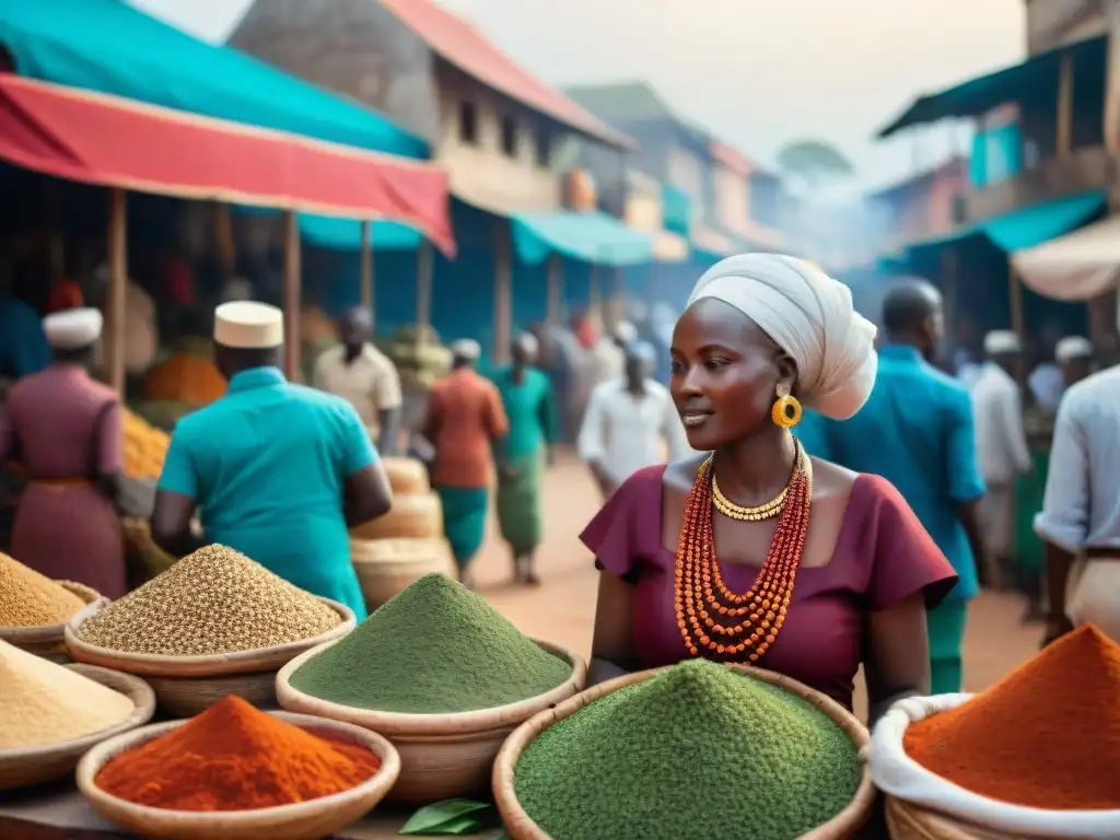 Escena vibrante de mercado en ciudad estado Swahili, con colores tradicionales, comercio y historia