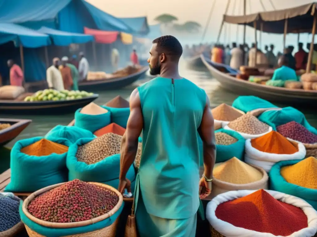 Escena vibrante de mercado en ciudad portuaria africana con intercambio económico entre África y Sri Lanka