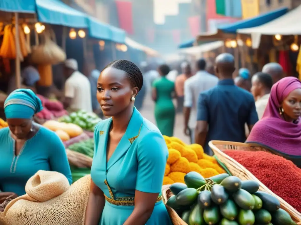 Escena vibrante de mercado en ciudad africana, reflejando el impacto económico diáspora africana