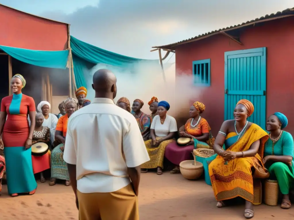 Escena vibrante de mercado en una ciudad africana, con música, arte y niños escuchando historias de un griot