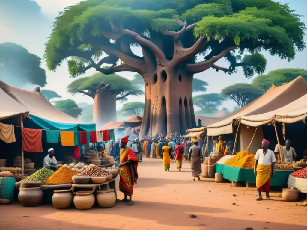 Escena vibrante de mercado en ciudad estado de África Central con textiles, especias y cerámica bajo baobabs