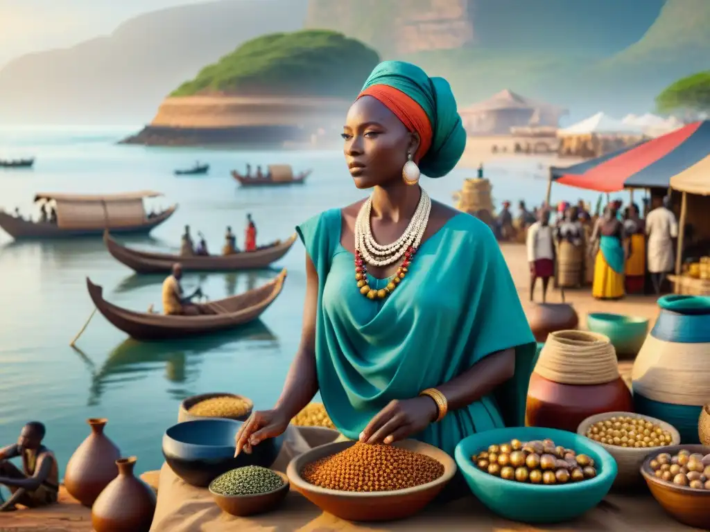 Escena vibrante de mercado costero en África precolonial con intercambio de bienes diversos