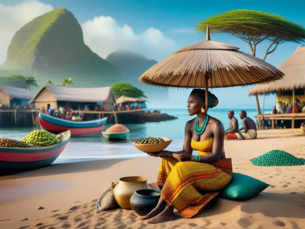 Escena vibrante de mercado costero africano precolonial con pescadores, mercaderes y comerciantes negociando bajo sombrillas coloridas