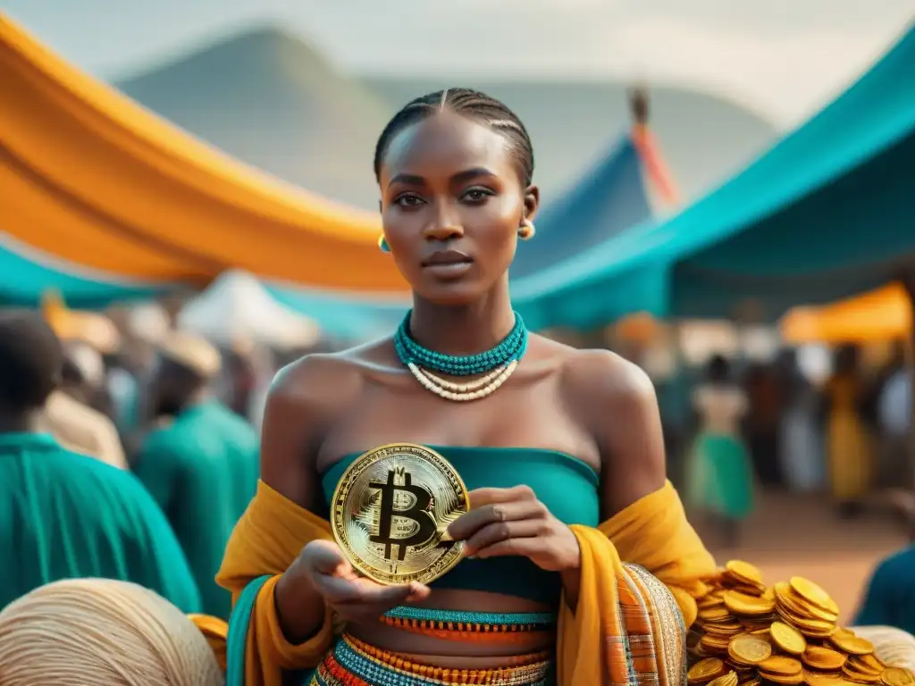 Una escena vibrante de mercado de criptomonedas en una ciudad africana, ilustrando la adopción de criptomonedas en África