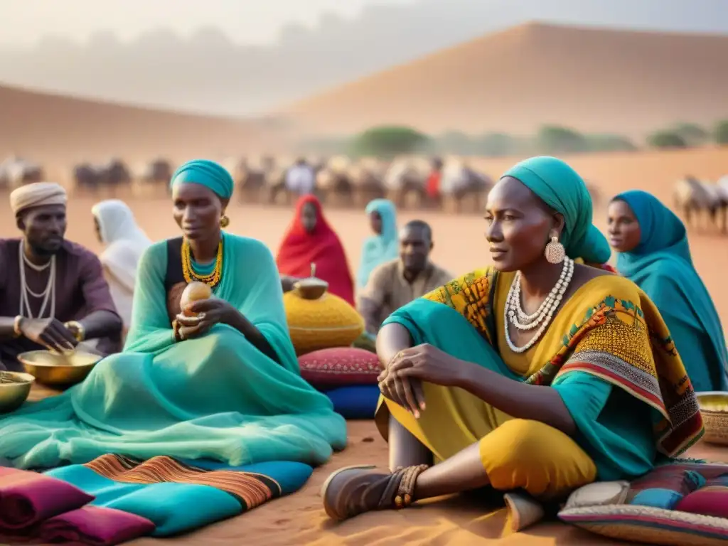 Escena vibrante de un mercado en el Sahel con encuentros interculturales y actividades tradicionales