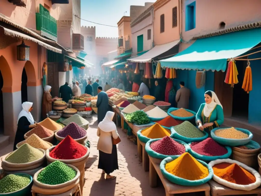 Escena vibrante de mercado en Marruecos con influencia africana en cocina mediterránea