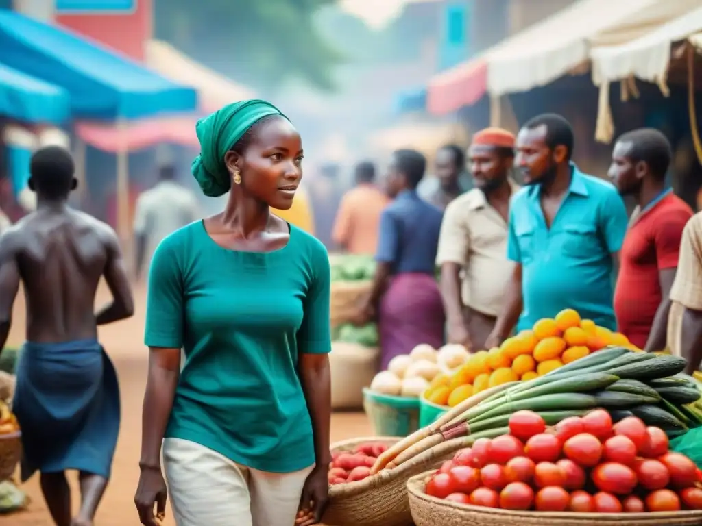 Escena vibrante de mercado en África con intercambio económico entre África y Sri Lanka