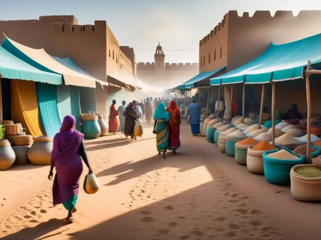 Escena vibrante de mercado en Timbuctú, Mali, con comerciantes y diversidad étnica