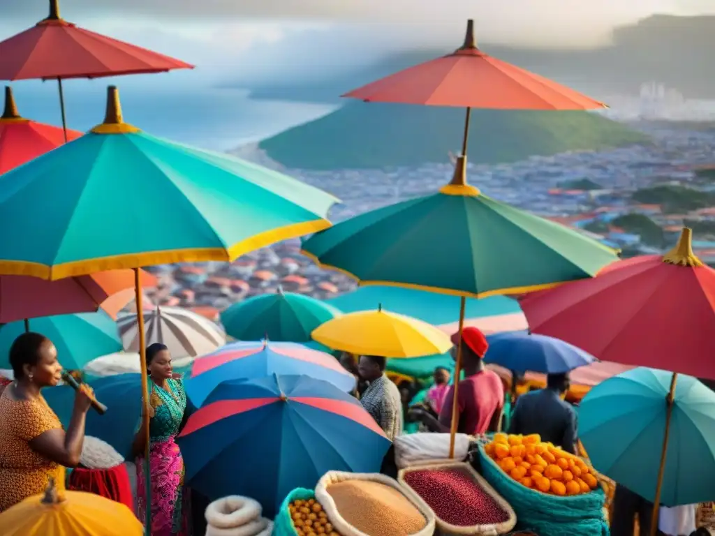 Escena vibrante de mercado en Maputo, Mozambique, con vendedores y turistas en intercambio cultural