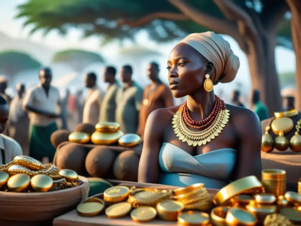 Escena vibrante de un mercado en África, con metales preciosos y comercio mundial bajo baobabs centenarios