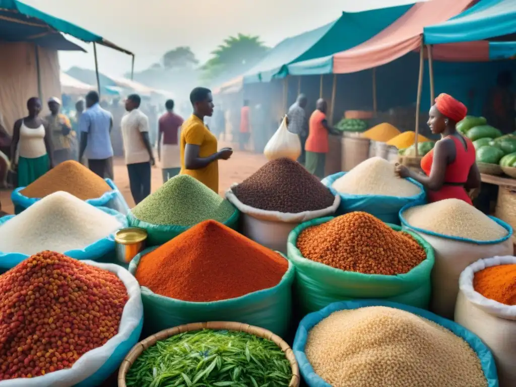 Escena vibrante de un mercado en África Occidental, reflejando la historia arroz Jollof influencia global