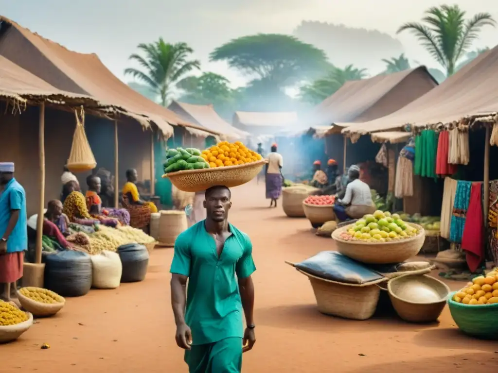 Escena vibrante en un mercado de África Occidental, vida y comercio palpables entre telas coloridas y productos frescos