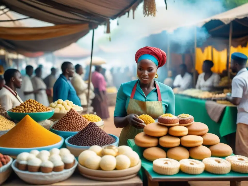 Una escena vibrante de mercado en África, con postres coloridos y exóticos únicos