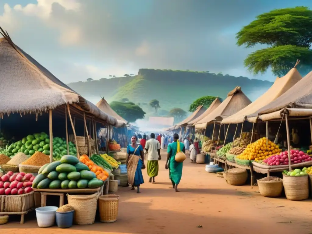 Escena vibrante de mercado precolonial africano con frutas, verduras y especias coloridas, gente negociando bajo techos de paja