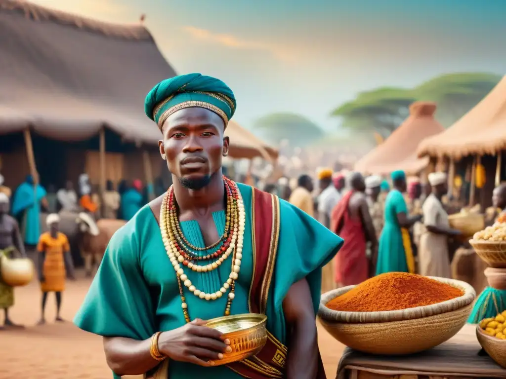 Escena vibrante de mercado en un reino africano antiguo, con comerciantes, intercambio de bienes y edificios adornados