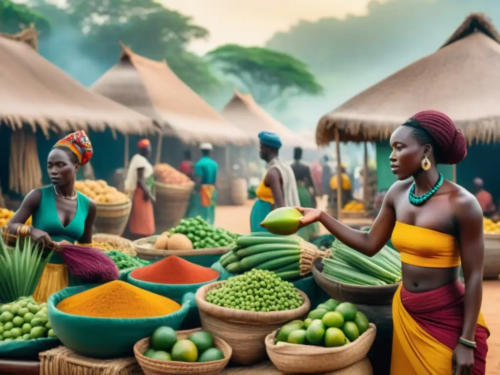 Escena vibrante de un mercado en un reino africano durante el comercio de esclavos en África