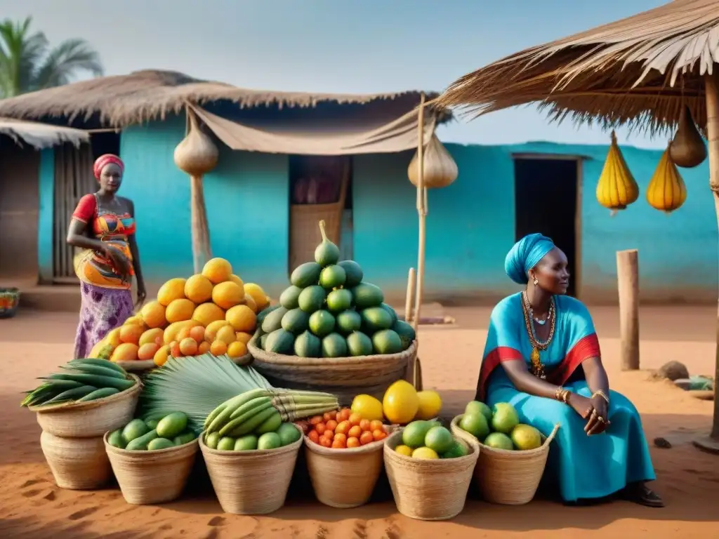 Escena vibrante de mercado en Senegambia con mujeres vendiendo frutas, verduras y artesanías bajo un dosel de hojas de palma