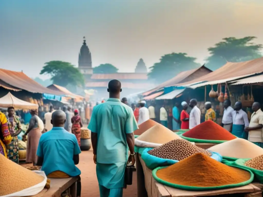 Escena vibrante de mercado en Ghana con sincretismo religioso entre diferentes creencias