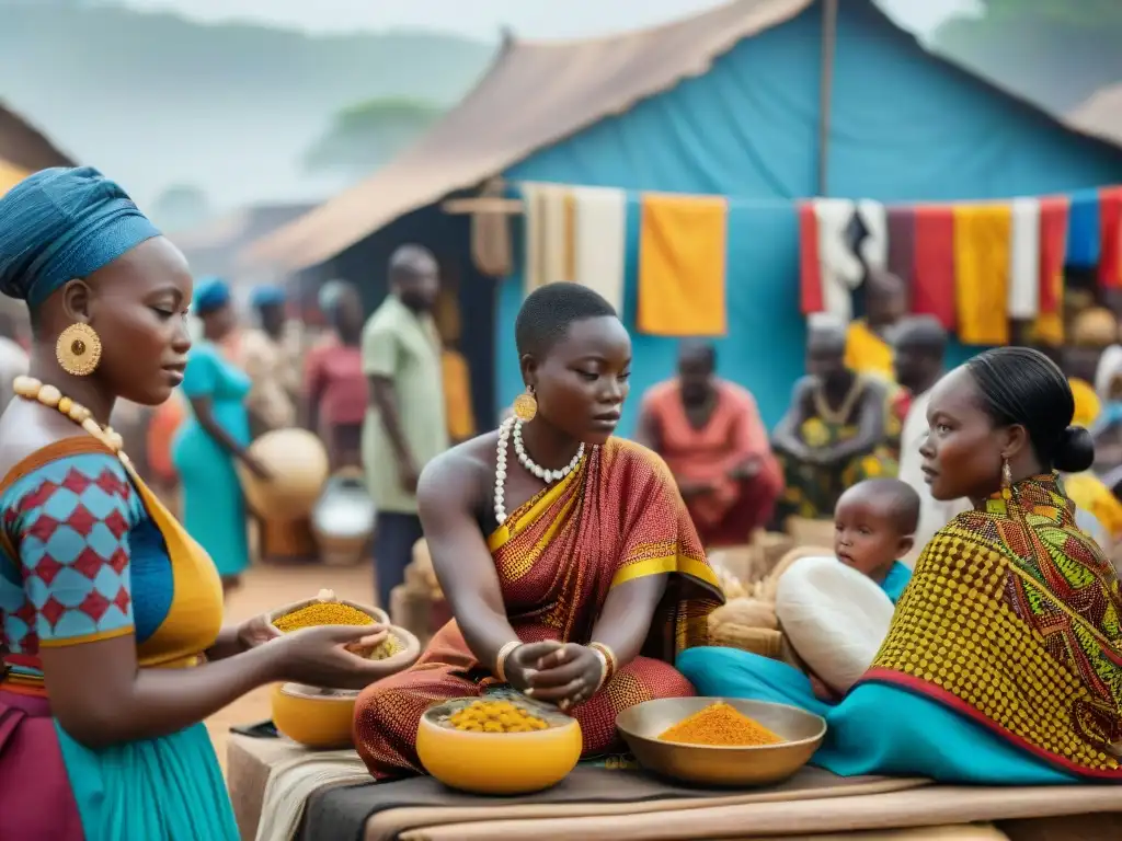 Escena vibrante de mercado en Ghana con sincretismo religioso en Ghana: mujeres rezando y vendedores de productos diversos