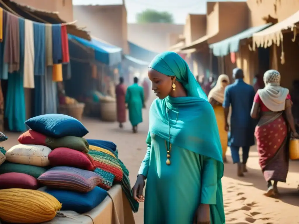 Mercado vibrante en Timbuktu: colores y cultura africana Escena vibrante en un mercado de Timbuctú, Mali, resaltando textiles coloridos y artesanías hechas a mano