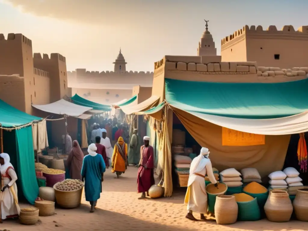 Escena vibrante de mercado en Timbuktu, con comercio entre civilizaciones africanas, europeas y asiáticas