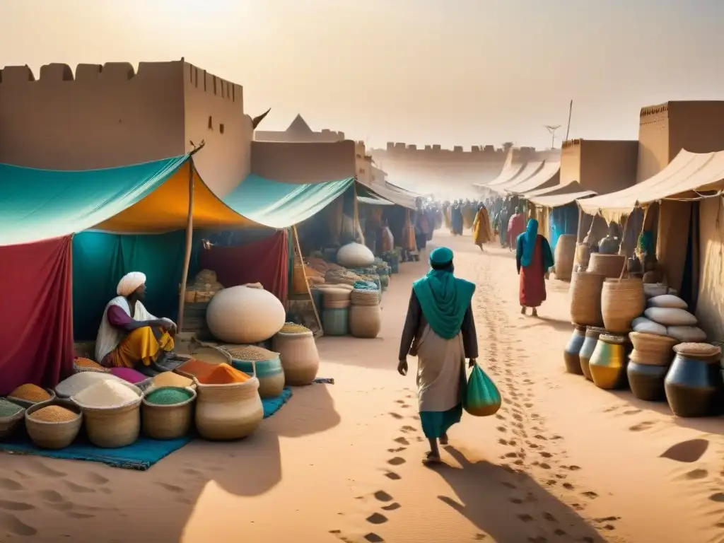 Escena vibrante de mercado en Timbuktu durante las Rutas Comerciales Transaharianas Historia