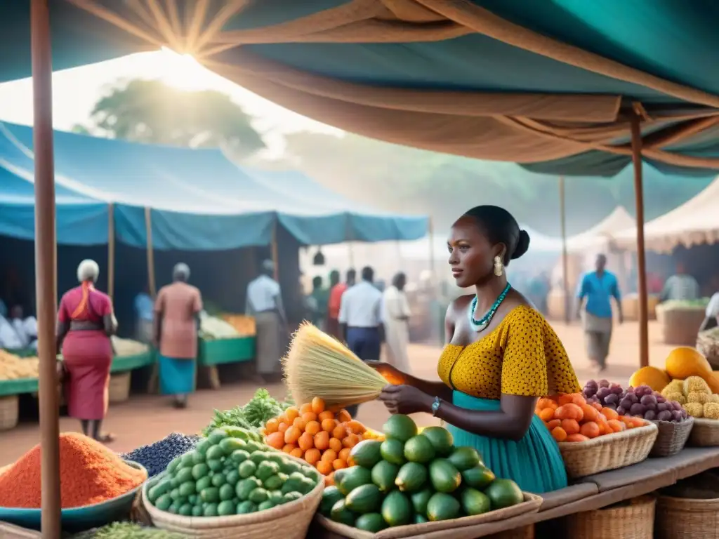 Escena vibrante de un mercado tradicional en África, resaltando la importancia del comercio en África