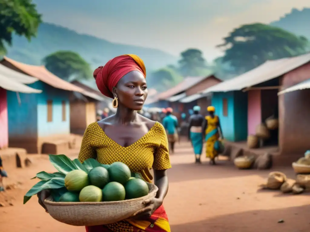 Escena vibrante del mercado en Bangui, con vendedores locales y casas de barro