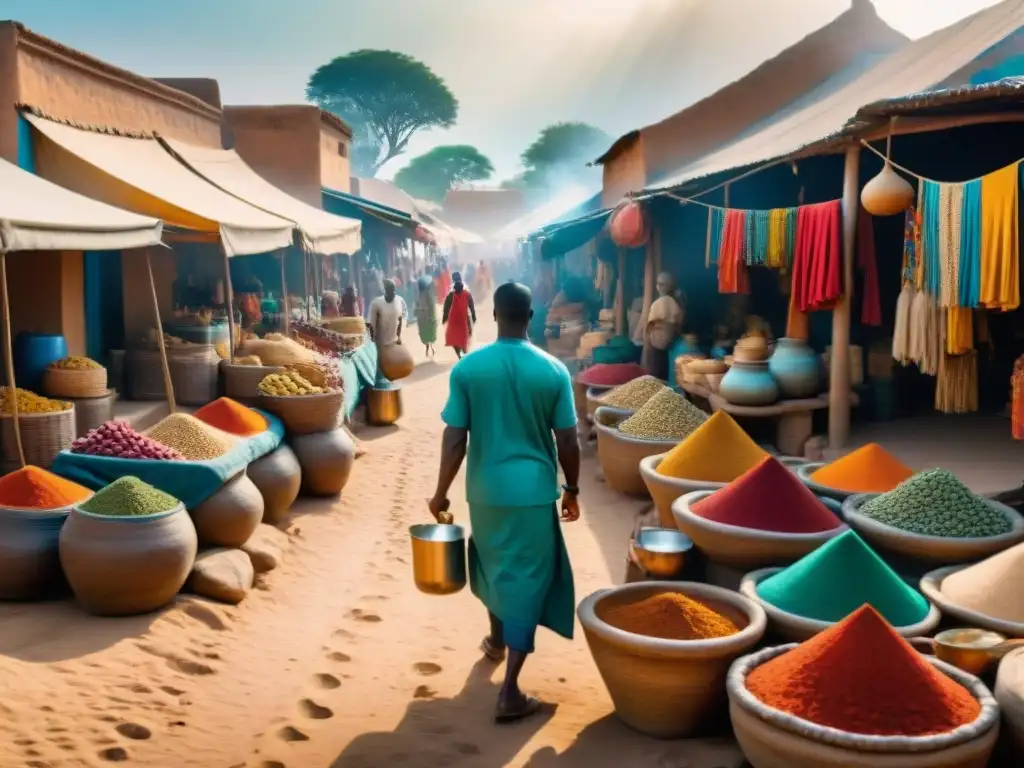 Escena vibrante de mercado en las vías comerciales antiguas de África: mercaderes intercambian bienes entre colores y tradición