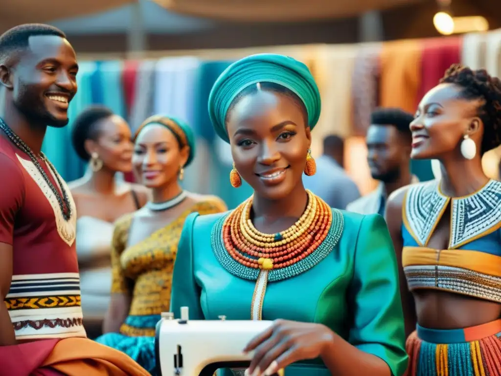 Una escena vibrante de moda ética con diseñadores africanos creando y compartiendo en un mercado bullicioso