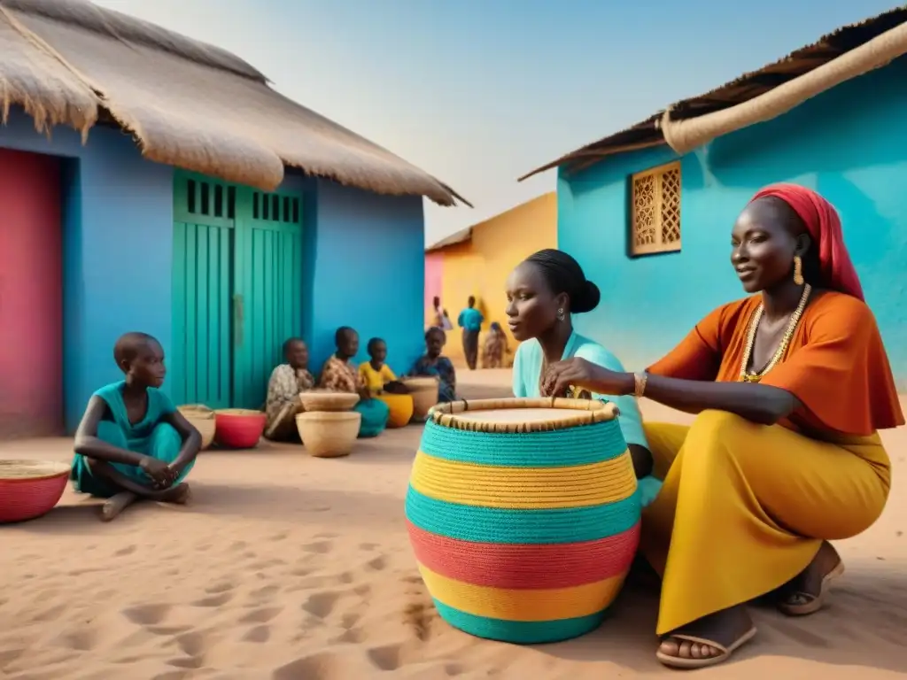 Escena vibrante en Senegal: mujeres tejiendo cestas, niños jugando, hombres tocando tambores