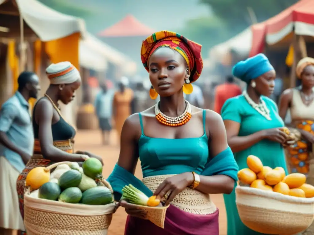 Mercado Africano: Mujeres en Coloridos Trajes Tradicionales Escena vibrante de mujeres en redes comerciales africanas, con coloridas telas y productos frescos en un bullicioso mercado africano