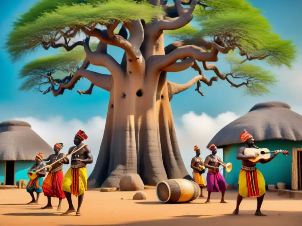 Una escena vibrante de músicos africanos tocando instrumentos tradicionales bajo un baobab, rodeados de niños bailando en atuendos coloridos